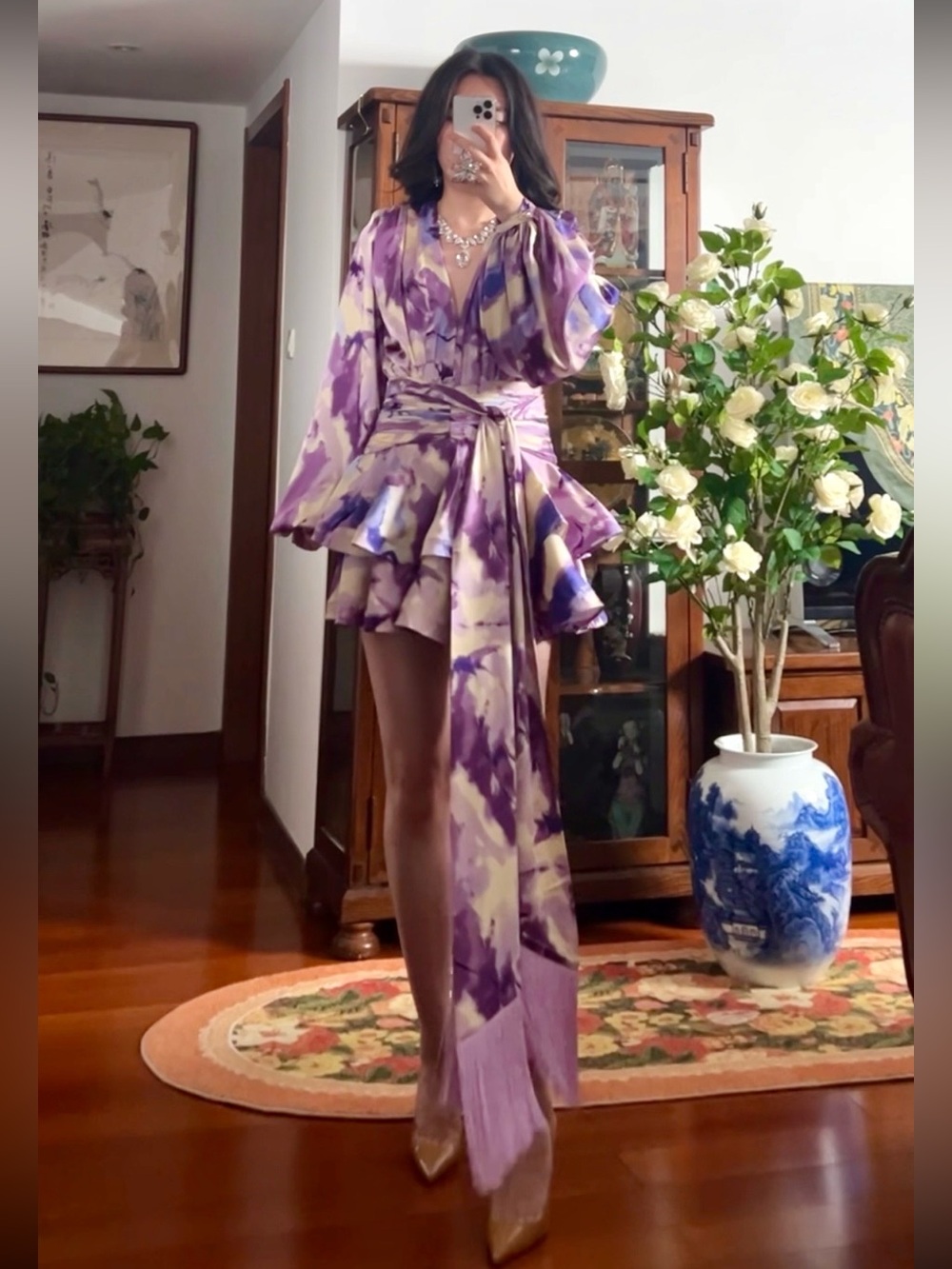 Bronx&Banco Lilac Wisteria Bedouin Satin Ruffle TasselEmbellished Mini Dress S